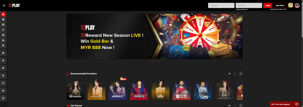 12Play Casino homepage snapshot showing recommended providers