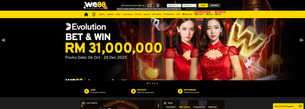 WE88 Malaysia online casino front page snapshot showing the main welcome promotion